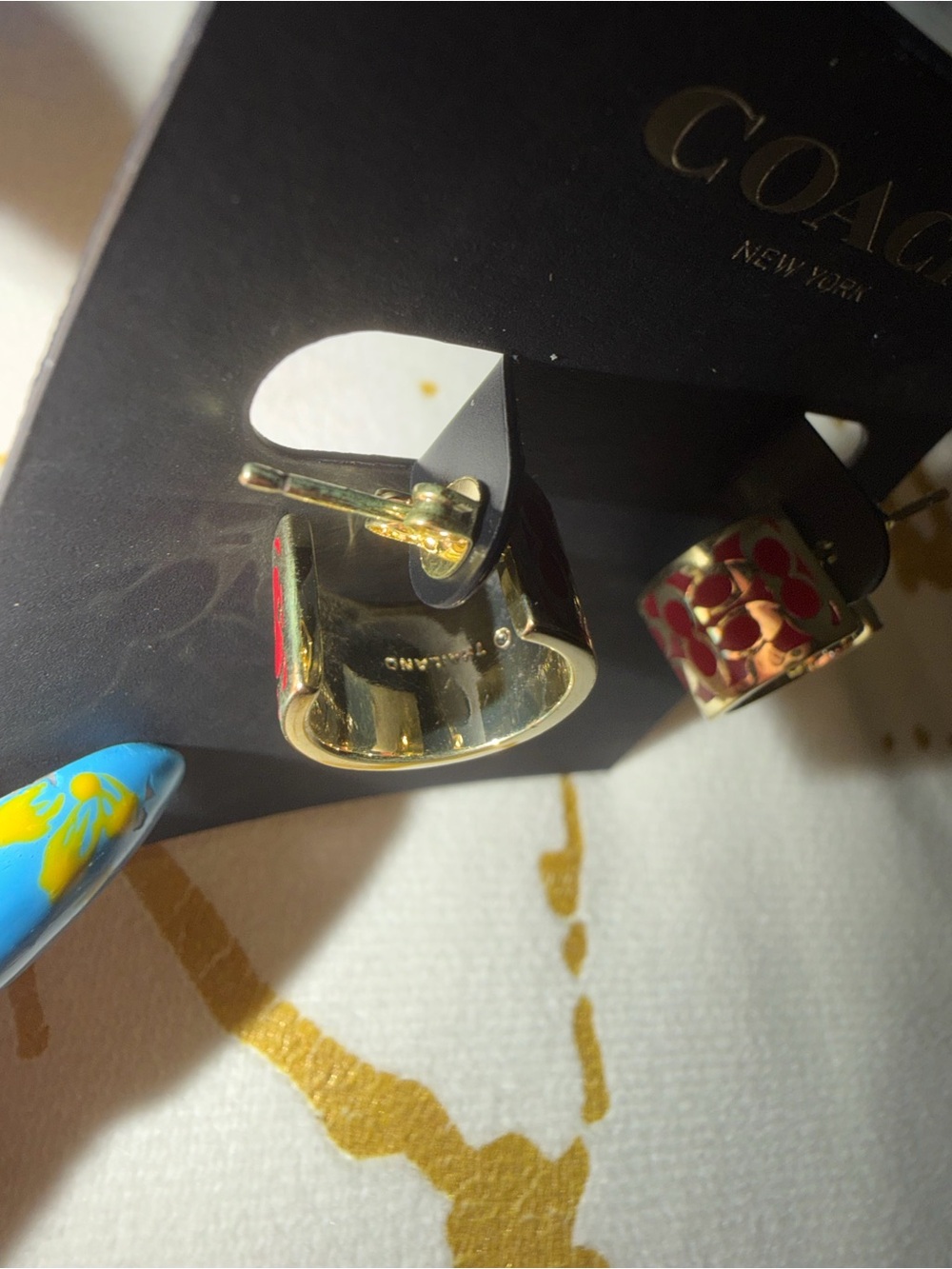 COACH Brass Red Signature Enamel Huggie Earrings - Picture 3 of 7